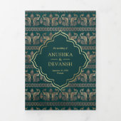 ティール(緑がかった色)金ゴールドピーコックパターンフローラ結婚インディアン 三つ折り招待状 (カバー)