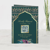 ティール(緑がかった色)金ゴールドピーコックパターンフローラ結婚インディアン 招待状 (裏面)
