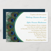 ティール(緑がかった色)、金ゴールドピーコックフェザー結婚式招待状 招待状 (正面/裏面)