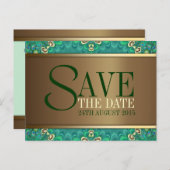 ティール(緑がかった色)金ゴールドピーコック日付ポストカードの保存 案内ポストカード (正面/裏面)
