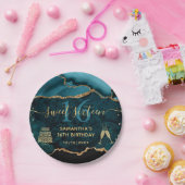 ティール（緑がかった色）&金ゴールドフェイクグリッターアゲートマーブルスイート16 ペーパープレート (パーティー)