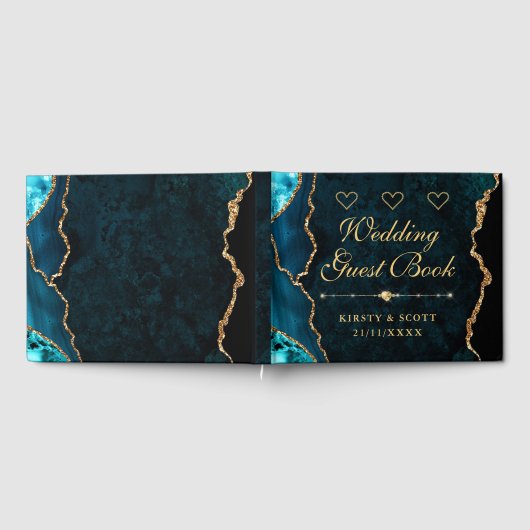 ティール(緑がかった色)&金ゴールドフェイクグリッターアゲ結婚ートズゲストブック ゲストブック (全面)
