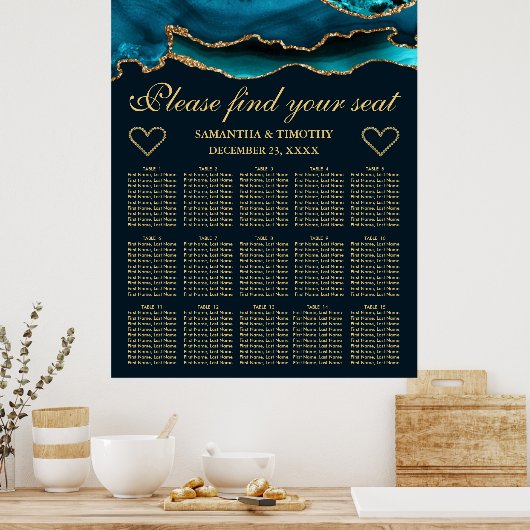 ティール(緑がかった色)金ゴールドフェイクグリッターア結婚ガートの座席表 ポスター (キッチン)