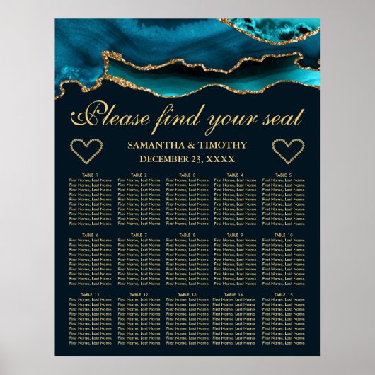 ティール(緑がかった色)金ゴールドフェイクグリッターア結婚ガートの座席表 ポスター (正面)