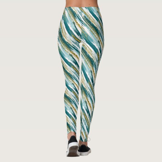 ティール（緑がかった色）金ゴールドフェイクグリッターモダン抽象芸術 レギンス (裏面)