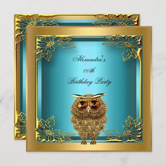 ティール(緑がかった色)金ゴールドフクロエリートエレガントバースデーパーティー 招待状 (正面/裏面)