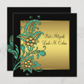 ティール(緑がかった色)金ゴールドフラワーズブラック金ゴールドバルミツワー 招待状 (正面/裏面)