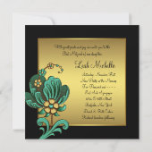 ティール(緑がかった色)金ゴールドフラワーズブラック金ゴールドバルミツワー 招待状 (裏面)