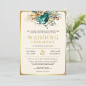 ティール(緑がかった色)金ゴールドフローラインディアンヒンドゥー結婚フォト 招待状 (スタンド正面)
