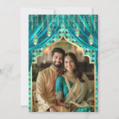 ティール(緑がかった色)金ゴールドフローラインディアンヒンドゥー結婚フォト 招待状 (裏面)