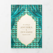 ティール(緑がかった色)金ゴールドフローラカーテンインディアンヒンドー結婚ズ 三つ折り招待状 (カバー)