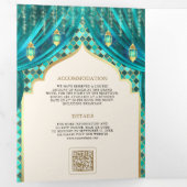 ティール(緑がかった色)金ゴールドフローラカーテンインディアンヒンドー結婚ズ 三つ折り招待状 (内部最初)