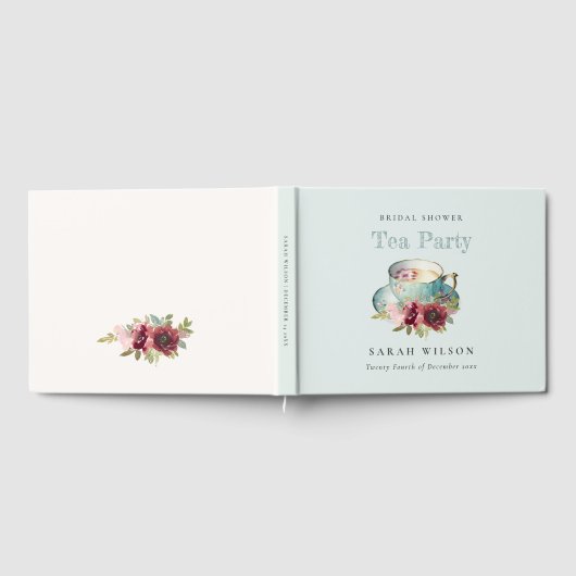 ティール（緑がかった色）金ゴールドフローラティーカップブライダルシャワーティーパーティー ゲストブック (全面)