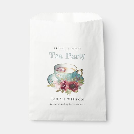 ティール（緑がかった色）金ゴールドフローラティーカップブライダルシャワーティーパーティー フェイバーバッグ (正面)