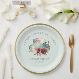 ティール(緑がかった色)金ゴールドフローラティーカップブライダルシャワーティーパーティー ペーパープレート