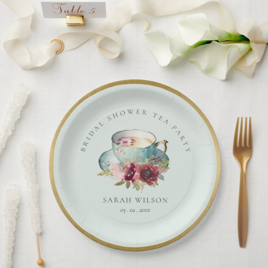 ティール（緑がかった色）金ゴールドフローラティーカップブライダルシャワーティーパーティー ペーパープレート (ウェディング)