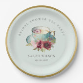 ティール（緑がかった色）金ゴールドフローラティーカップブライダルシャワーティーパーティー ペーパープレート (正面)