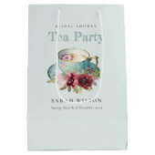 ティール（緑がかった色）金ゴールドフローラティーカップブライダルシャワーティーパーティー ミディアムペーパーバッグ (裏面)