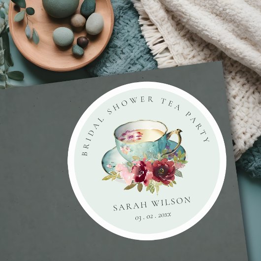 ティール(緑がかった色)金ゴールドフローラティーカップブライダルシャワーティーパーティー ラウンドシール