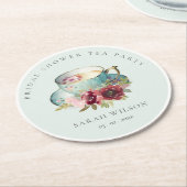 ティール(緑がかった色)金ゴールドフローラティーカップブライダルシャワーティーパーティー ラウンドペーパーコースター (アングル)