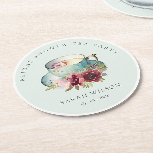ティール（緑がかった色）金ゴールドフローラティーカップブライダルシャワーティーパーティー ラウンドペーパーコースター (アングル)