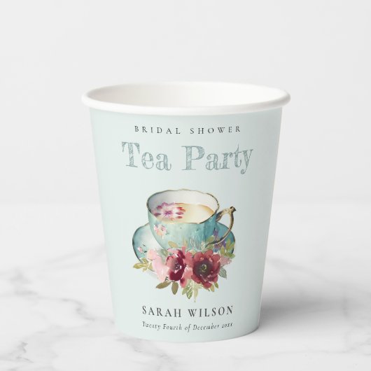 ティール(緑がかった色)金ゴールドフローラティーカップブライダルシャワーティーパーティー 紙コップ (裏面)