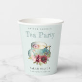 ティール（緑がかった色）金ゴールドフローラティーカップブライダルシャワーティーパーティー 紙コップ (正面)