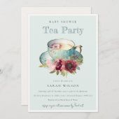 ティール（緑がかった色）金ゴールドフローラティーカップベビーシャワーティーパーティー 招待状 (正面/裏面)