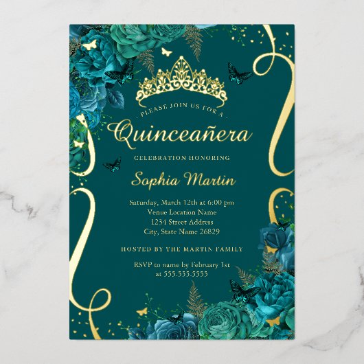 ティール（緑がかった色）金ゴールドフローラバタフライエレガントキンセアニェラ 箔招待状 (正面)
