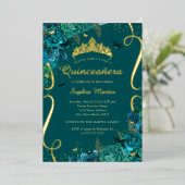 ティール（緑がかった色）金ゴールドフローラバタフライエレガントキンセアニェラ 箔招待状 (立ち正面)