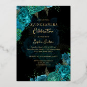 ティール（緑がかった色）金ゴールドフローラバラキンセアニェラ 箔招待状 (裏面)