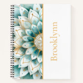 ティール（緑がかった色）金ゴールドフローラパーソナライズされた ノートブック (正面)