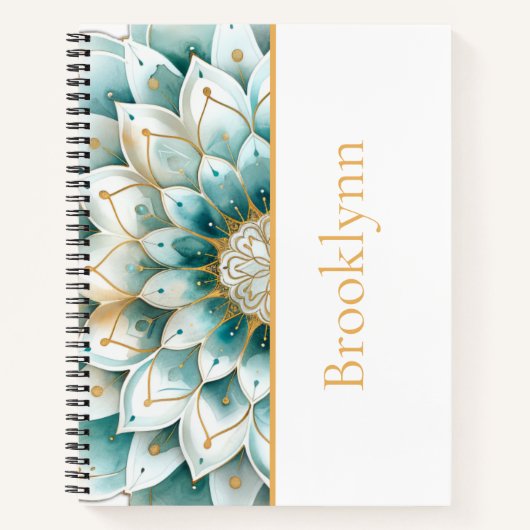ティール（緑がかった色）金ゴールドフローラパーソナライズされた ノートブック (正面)