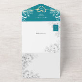 ティール（緑がかった色）金ゴールドフローラモノグラ結婚ム病 オールインワン招待状 (外側)