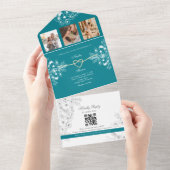 ティール（緑がかった色）金ゴールドフローラモノグラ結婚ム病 オールインワン招待状 (貼ってはがせる)