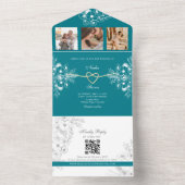 ティール（緑がかった色）金ゴールドフローラモノグラ結婚ム病 オールインワン招待状 (内側)