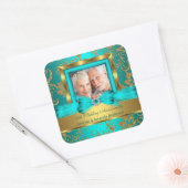 ティール(緑がかった色)金ゴールドフローラ写真結婚50th Anniversary Sq スクエアシール (封筒)