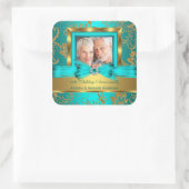 ティール(緑がかった色)金ゴールドフローラ写真結婚50th Anniversary Sq スクエアシール (バッグ)