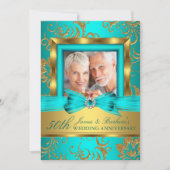 ティール(緑がかった色)金ゴールドフローラ写真50結婚周年記念 招待状 (正面)