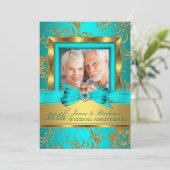 ティール(緑がかった色)金ゴールドフローラ写真50結婚周年記念 招待状 (スタンド正面)
