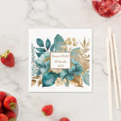 ティール(緑がかった色)&金ゴールドフローラ結婚ズナプキンス スタンダードカクテルナプキン (インサイチュ)