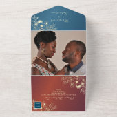 ティール(緑がかった色)金ゴールドフローラ結婚写真 オールインワン招待状 (外側)