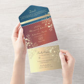 ティール(緑がかった色)金ゴールドフローラ結婚写真 オールインワン招待状 (貼ってはがせる)