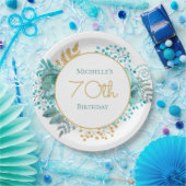 ティール（緑がかった色）金ゴールドフローラ70誕生日 ペーパープレート (パーティー)