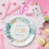 ティール（緑がかった色）金ゴールドフローラ70誕生日 ペーパープレート (パーティー)