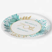 ティール（緑がかった色）金ゴールドフローラ70誕生日 ペーパープレート (アングル)