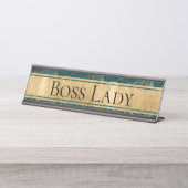 ティール(緑がかった色)、金ゴールドフローラ、ストライプのボスレディーネームプレート デスクネームプレート (正面)
