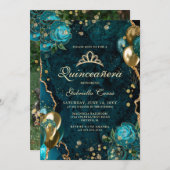 ティール（緑がかった色）金ゴールドフローラAgate写真キンセアニェラ 招待状 (正面/裏面)