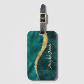 ティール（緑がかった色）金ゴールドブラシ仕上げ金属モノグラム名とイニシャル ラゲッジタグ (正面縦)