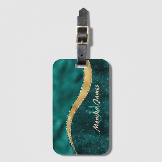 ティール(緑がかった色)金ゴールドブラシ仕上げ金属モノグラム名とイニシャル ラゲッジタグ (正面縦)